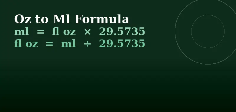 Oz to ml formula — milliliters equals fluid ounces multiplied by 29.5735