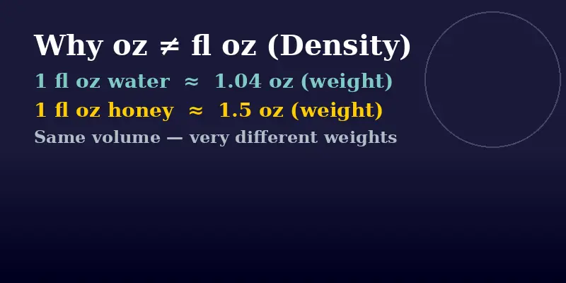 Why oz and fl oz are not equal — density example showing water vs honey in the same volume